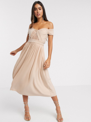 Asos Design Premium Lace And Pleat Off-the-shoulder Midi Dress In Champagne