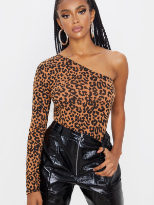 Tan Leopard Printed One Shoulder Jersey Long...