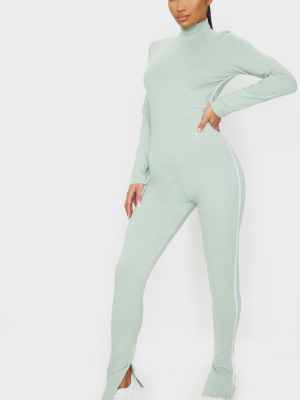 Sage Green Sports Stripe High Neck Jumpsuit