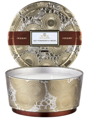 Pedestal 3 Wick Tin Candle In Gilt Pomander & Hinoki