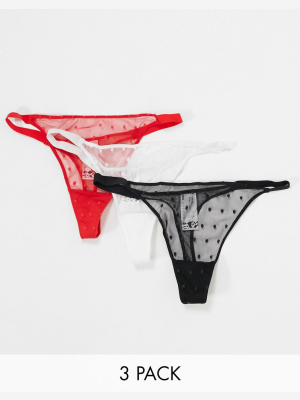 Asos Design 3 Pack Dobby Mesh Tanga Thong In Black White & Red