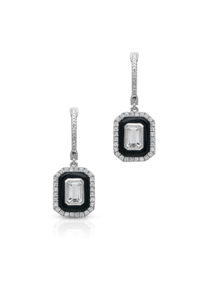 14kt White Gold Onyx White Topaz Diamond Earrings