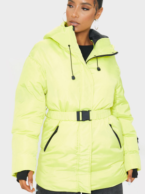 Yellow Quilted Belted Cuffed Sleeve Puffer Coat.