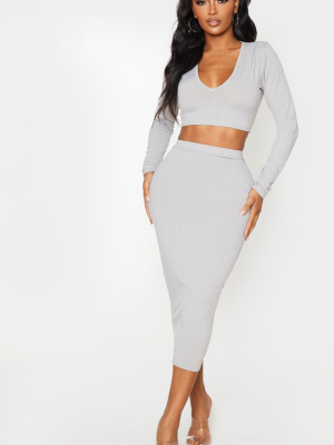 Shape Grey Ribbed High Waist Midi Skirt