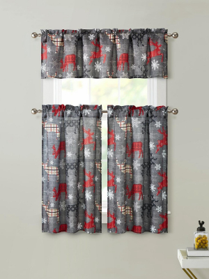 Kate Aurora Complete Plaid Christmas Reindeers Snowflakes 3 Pc Kitchen Curtain Tier And Valance Set