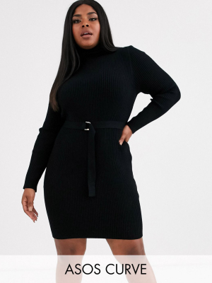 Asos Design Curve Belted Rib Knit Mini Dress With Roll Neck