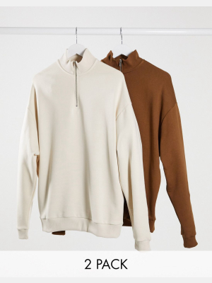 Asos Design Oversized Sweatshirt With Half Zip 2 Pack In Beige/brown