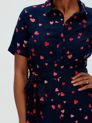 Lauretta Shirt Dress - Navy, Heart Confetti Batik