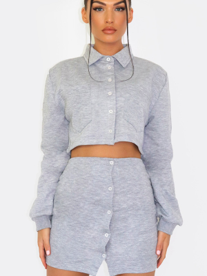 Grey Collar Button Front Crop Sweater