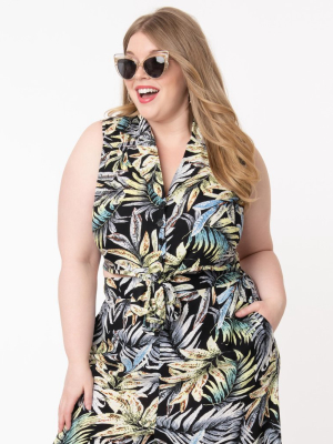 Unique Vintage Plus Size Black & Palm Leaf Print Marsha Tie Top