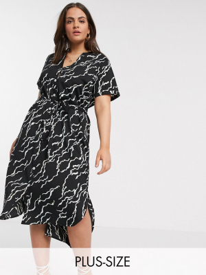 Vero Moda Curve Midi Shirt Dress With Belted Waist In Black Abstract Print