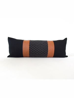Mixed: Black Running Stitch / Faux Leather Extra Long Lumbar Pillow - 14x36