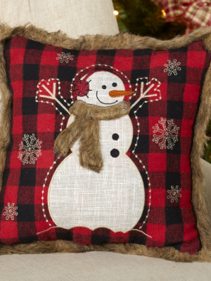 Lakeside Christmas Pillow With Faux Fur - Red And Black Buffalo Plaid - Snowman