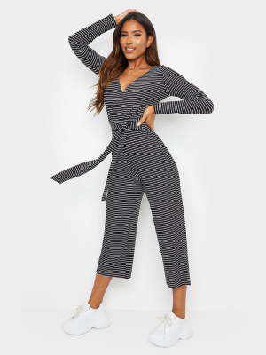 Black Long Sleeved Striped Rib Wrap Culotte...