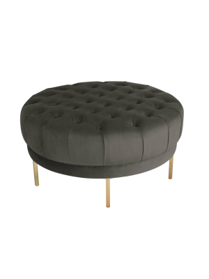 36" Large Round Tufted Ottoman Velvet Pewter - Homepop