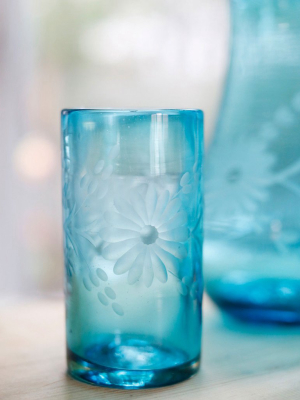 Etched Tall Glass - Aqua Flower