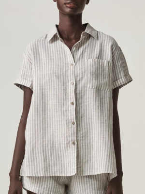 100% Linen Short Sleeve Shirt In Grey & White Stripe