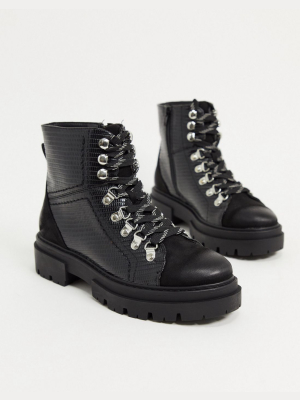 Glamorous Flat Hiker Boots In Black Croc Mix