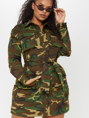 Plus Camo Utility Tie Waist Shirt Dress