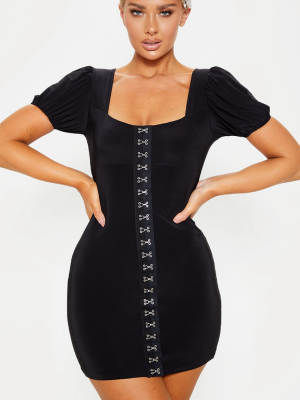 Black Slinky Hook & Eye Puff Sleeve Bodycon Dress