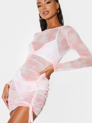 Pink Tie Dye Mesh Long Sleeve Ruched Skirt...