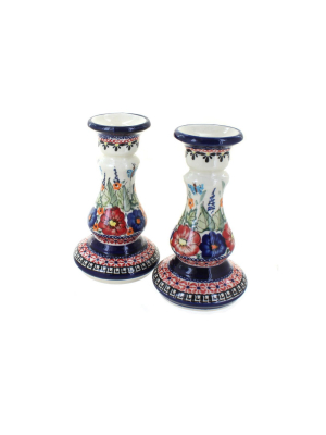 Blue Rose Polish Pottery Floral Butterfly Candle Stick Pair