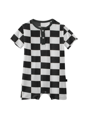 Kickee Pants Print Short Sleeve Henley Romper - Checkered Flag