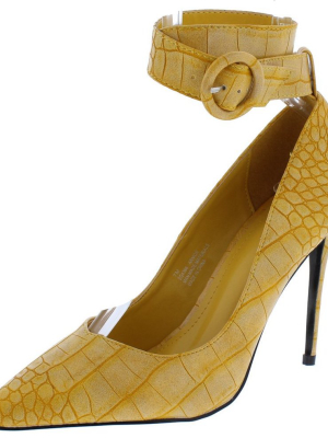 Armor Mustard Faux Croc Pointed Toe Ankle Strap Stiletto Heel