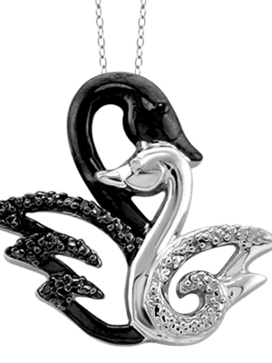 Women's Sterling Silver Accent Round-cut Black And White Diamond Pave Set Swan Pendant - White (18")