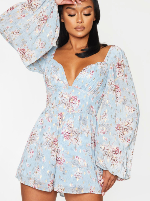 Dusty Blue Floral Floaty Plunge Chiffon Playsuit