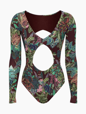 Samba Long Sleeve Cut-out One Piece Swimsuit - Purple Tropical Print