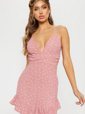 Pink Heart Print Pleated Waist Frill Hem...