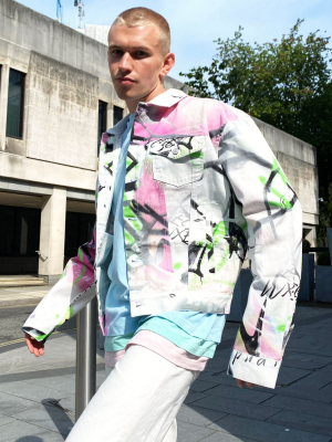 Jaded London Denim Jacket Two-piece In White Graffiti Print