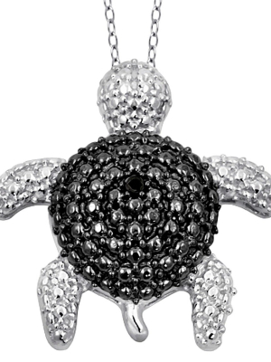 Women's Sterling Silver Accent Round-cut Black Diamond Pave Set Turtle Pendant - White (18")