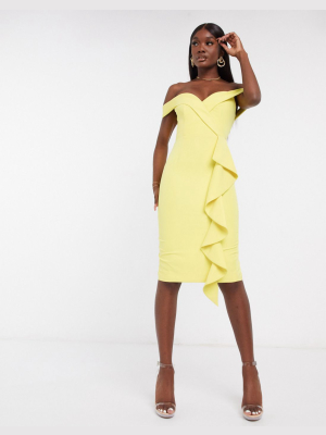 Lavish Alice Bardot Frill Midi Dress In Yellow