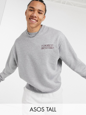 Asos Actual Tall Oversized Sweatshirt In Gray Marl With Embroidered Logos