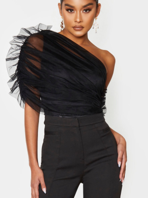 Black Sheer Ruffle One Shoulder Bodysuit