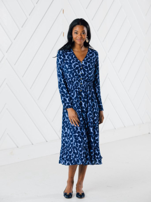 Leaf Print Long Sleeve Midi Dress