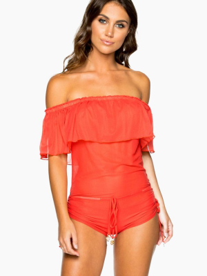 Drifter Off The Shoulder Flounce Romper - Girl On Fire Red