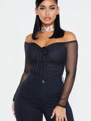 Shape Black Mesh Long Sleeve Ruched Bodysuit