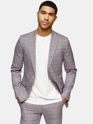 Lilac Check Super Skinny Fit Single Breasted Suit Blazer With Peak Lapels