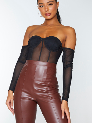 Black Mesh Bardot Ruched Bust Long Sleeve Bodysuit