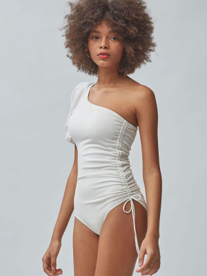 Puff Sleeve Ruched Tie Side One Shoulder One Piece Swimsuit