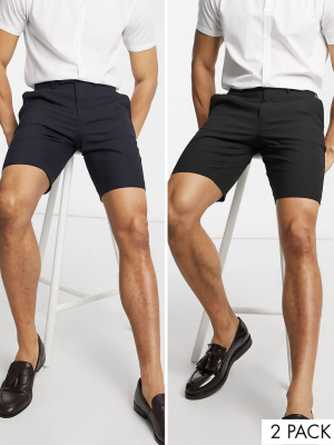 Asos Design 2 Pack Slim Mid Length Smart Shorts In Black And Navy Save