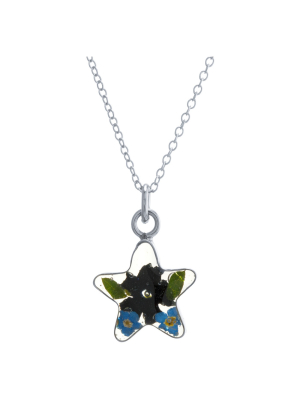 Women's Sterling Silver Pressed Flowers Small Star Pendant (18")