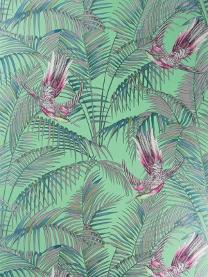 Sunbird Wallpaper In Grass, Cerise, And Metallic Gilver By Matthew Williamson For Osborne & Little