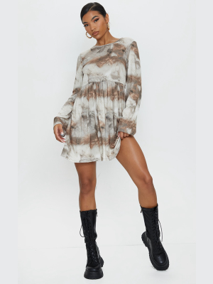 Tan Cloud And Smoke Print Long Sleeve Smock Dress