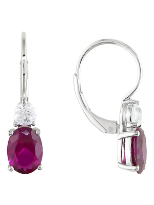 Created Ruby And Created White Sapphire Leverback Earrings In Sterling Silver - Red/white