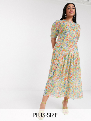 Never Fully Dressed Plus Puff Sleeve Sheer Tiered Trapeze Maxi Dress In Yellow Floral Print