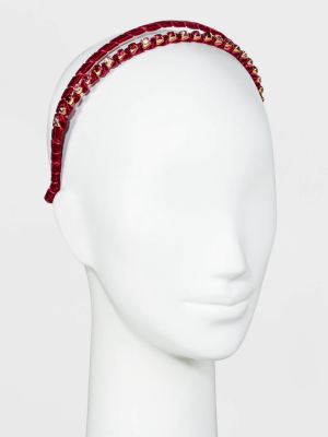 Velvet Ribbon Wrapped Double Row With Stone Paved Headband - A New Day™ Burgundy